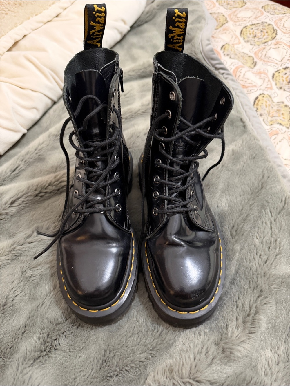 Dr. Martens Black Patent Lace-Up Combat Boots with Yellow Stitching